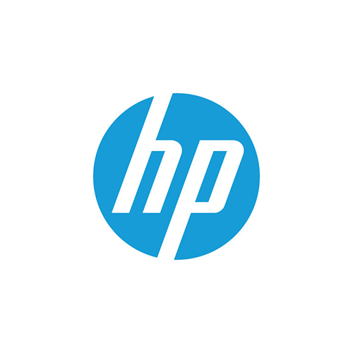 HP logotyp i vitt mot blå cirkel.